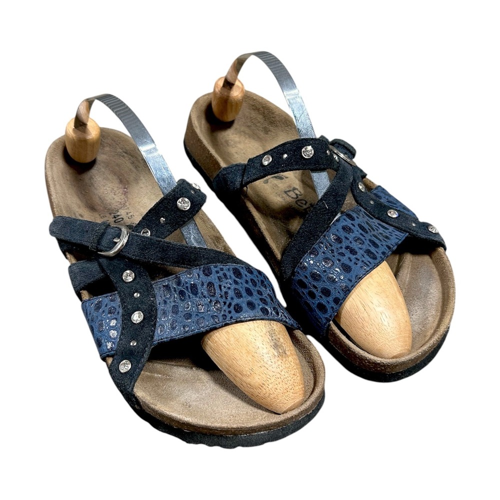 Betula by Birkenstock Blue Suede Croc Embossed Rhinestone Sandals Size 37